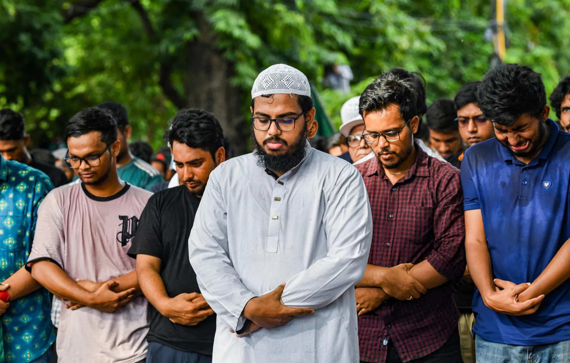 July 17, 2024, VC Chattar, University of Dhaka. Tareq Reza leading the gayebana janaza for the first martyrs of July, including Abu Sayed, Wasim, Shanto and Faruk.
